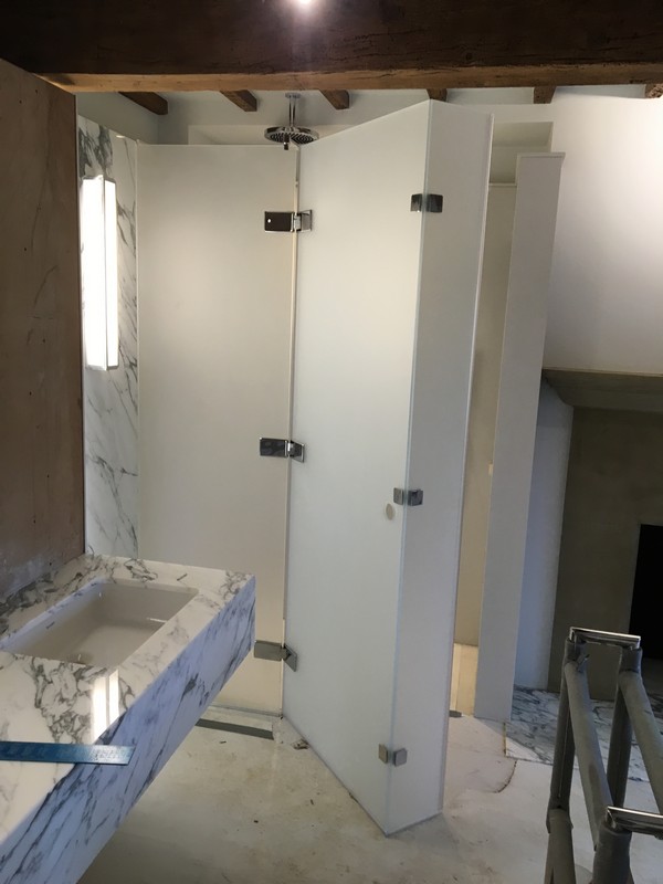 Bespoke frosted glass shower enclosure in Moorgate luxury bathroom